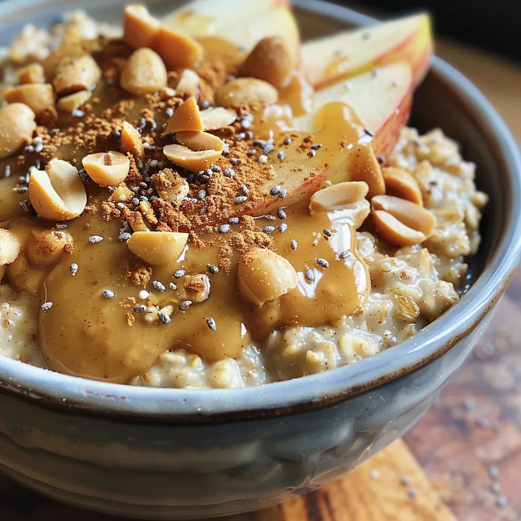 A close-up view of a Peanut Butter Apple Breakfast Bowl featuring sliced apples and oats topped with peanut butter.