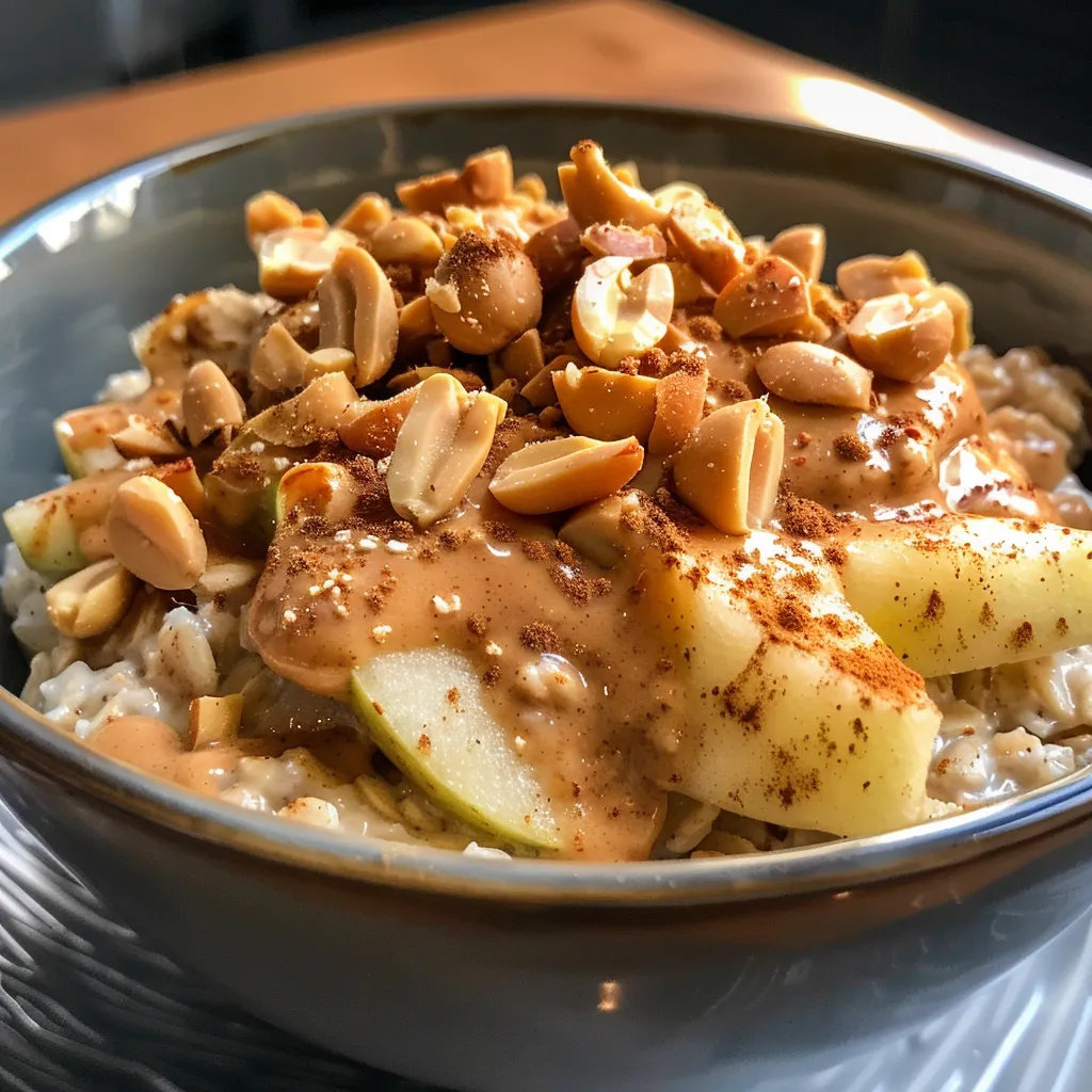 Side-angle photo of a breakfast bowl filled with oats, sliced apples, and a drizzle of peanut butter.