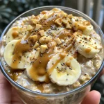 Close-up view of creamy peanut butter banana overnight oats in a glass jar.