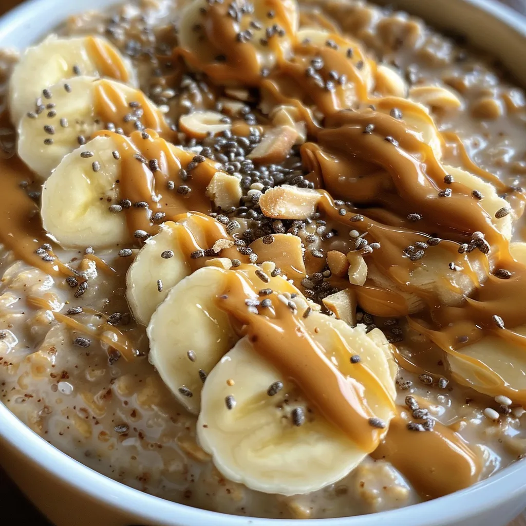 Side view of a vibrant serving of peanut butter banana overnight oats with toppings.