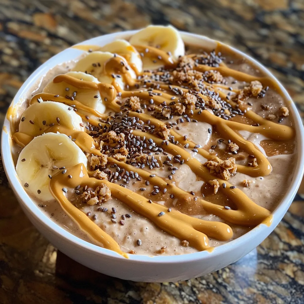 Side view of a smoothie bowl made with peanut butter and bananas, showing a creamy texture and fresh toppings.