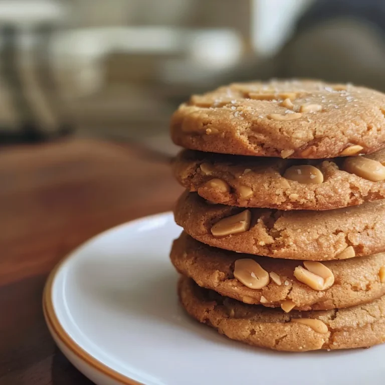 A close-up view of golden-brown peanut butter cookies on a wooden surface.