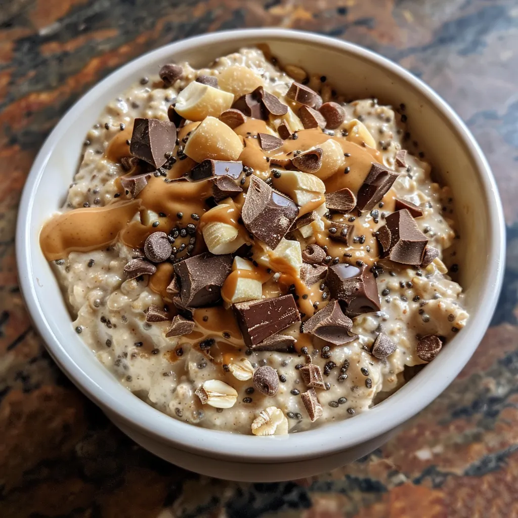 Side angle of Peanut Butter Cup Overnight Oats topped with chocolate chips and peanut butter.