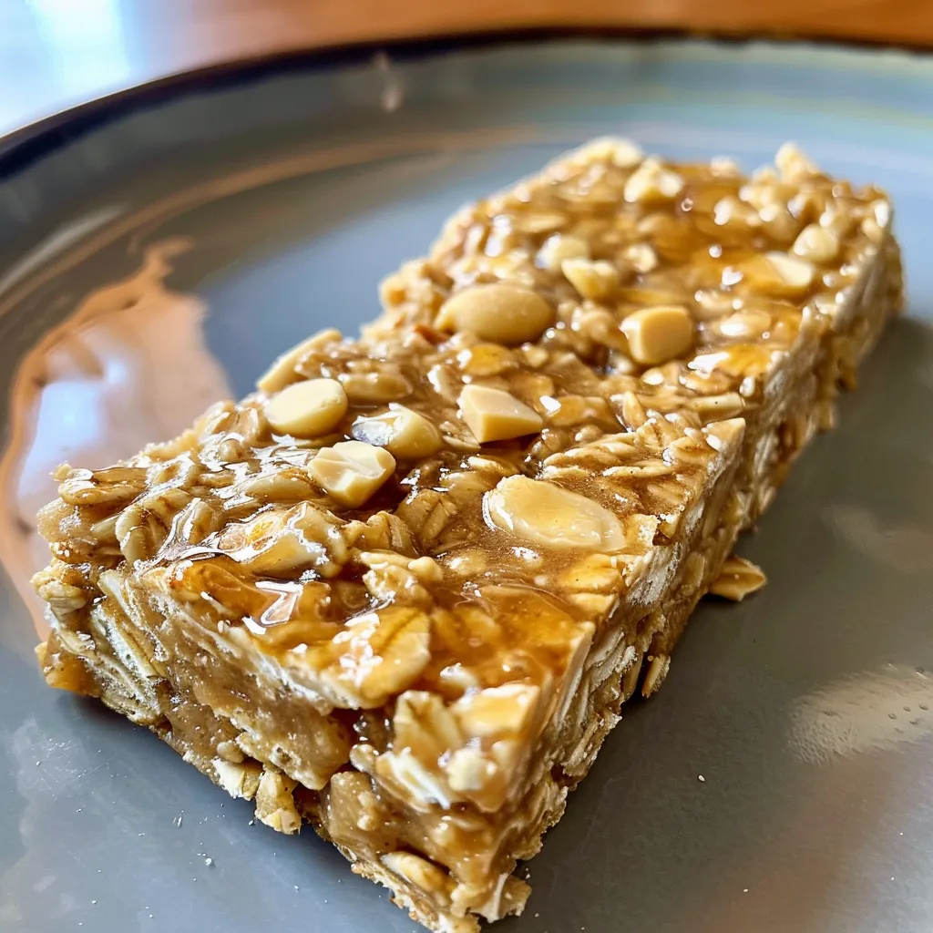 Side view of a delicious peanut butter granola bar emphasizing its ingredients.
