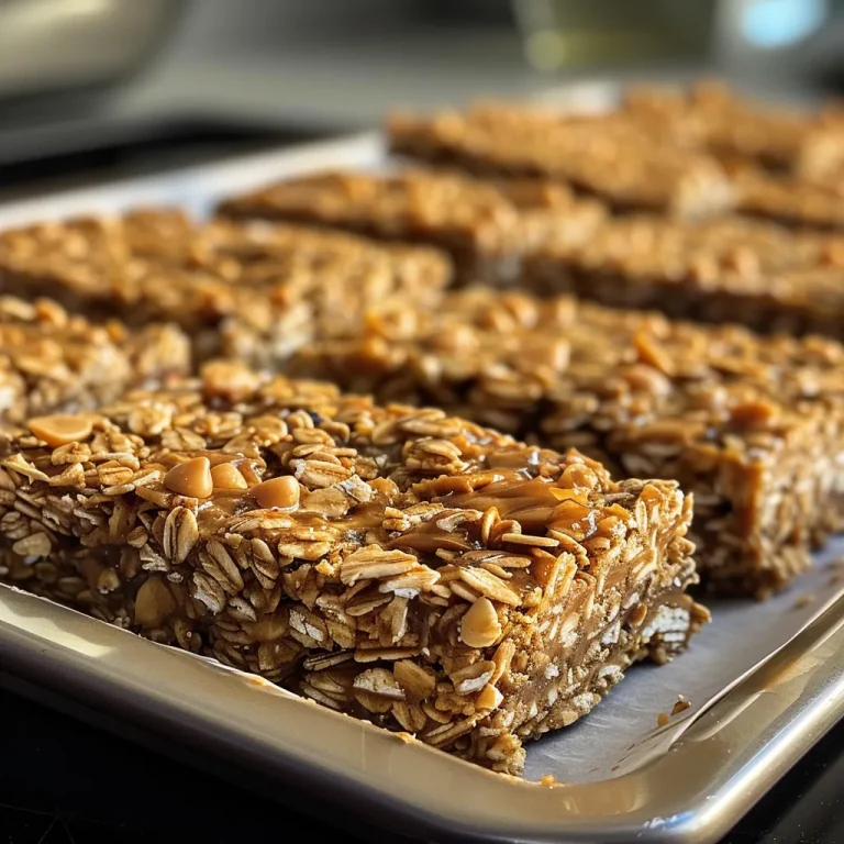 Close-up of delicious peanut butter granola bars arranged neatly.