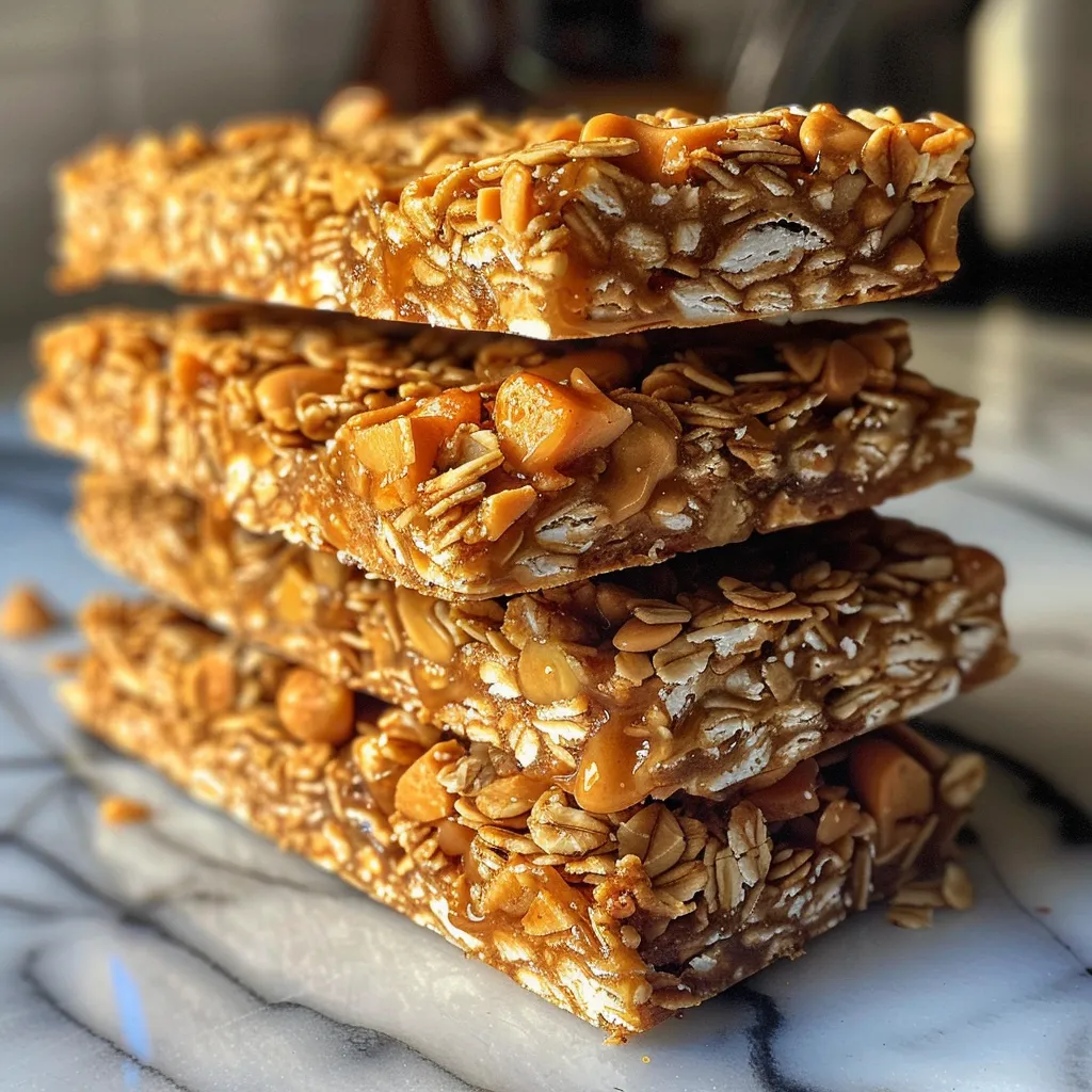 Side view of homemade peanut butter granola bars with a golden brown texture.