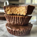 Close-up view of peanut butter oat cups stacked on a wooden table.