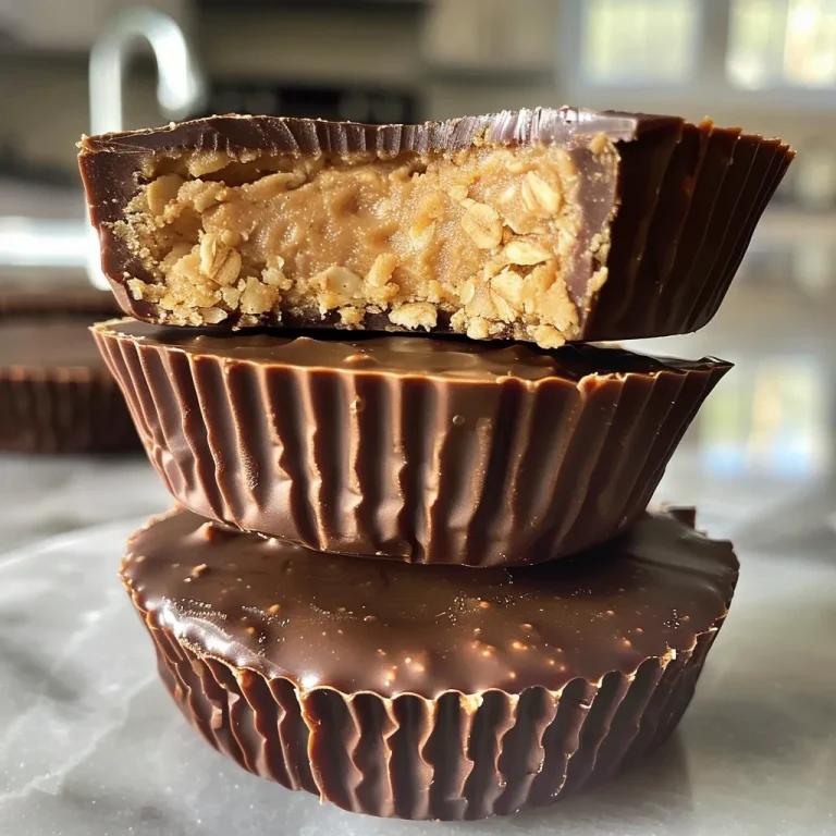 Close-up view of peanut butter oat cups stacked on a wooden table.