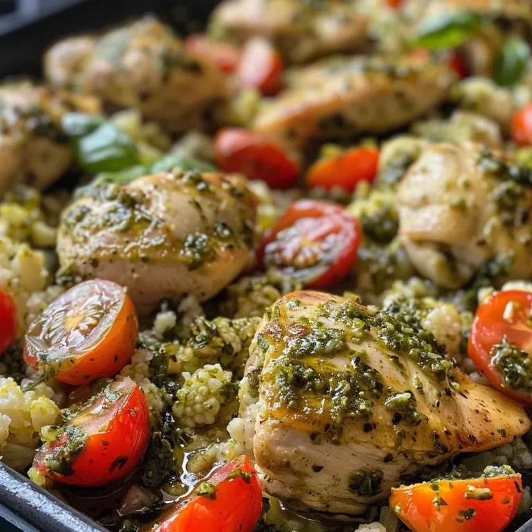 A close-up view of a bowl featuring Pesto Chicken over cauliflower rice with cherry tomatoes.
