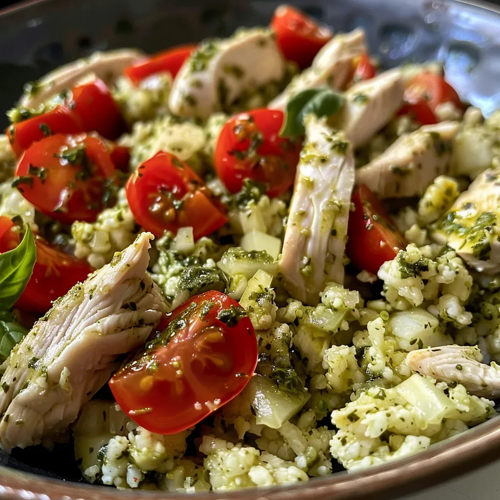 Side view of a vibrant dish of Pesto Chicken Cauliflower Rice garnished with fresh basil.