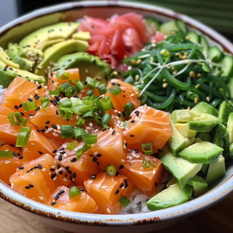 Dive into Flavor Crafting a Delightful Salmon and Avocado Poke Bowl Close-up of a vibrant poke bowl featuring diced salmon and avocado slices.
