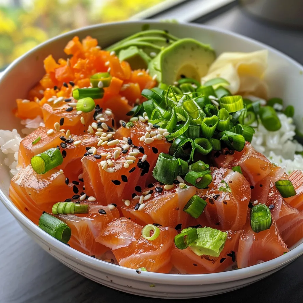 Side view of a delicious poke bowl filled with fresh ingredients including salmon and vegetables.