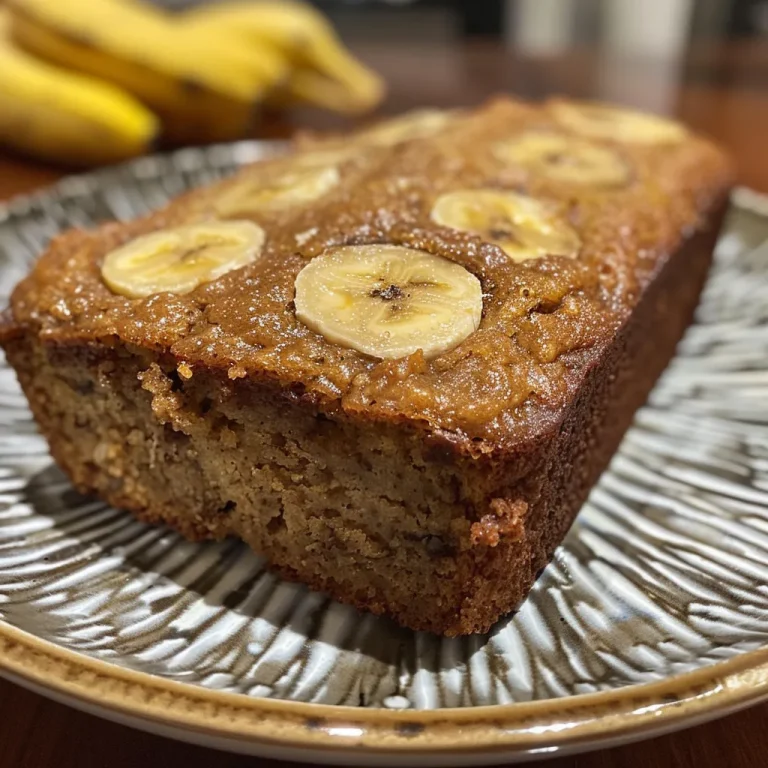 Close-up of a slice of golden brown protein banana bread with a moist texture.