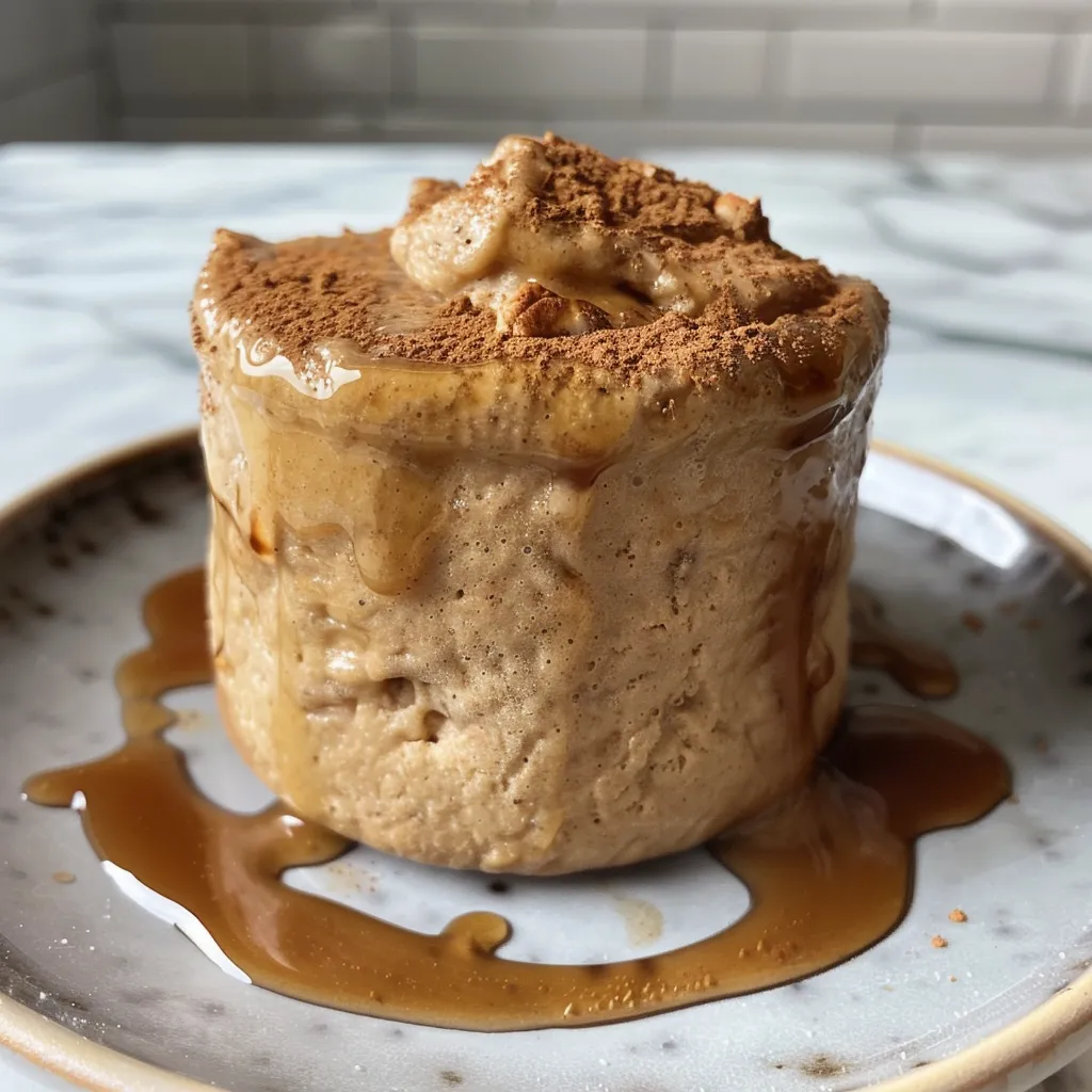 Close-up shot of a protein mug cake with a cinnamon swirl and frosting, displayed in a vibrant kitchen setting.