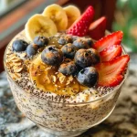 Close-up view of creamy Protein Overnight Oats with fresh fruits.