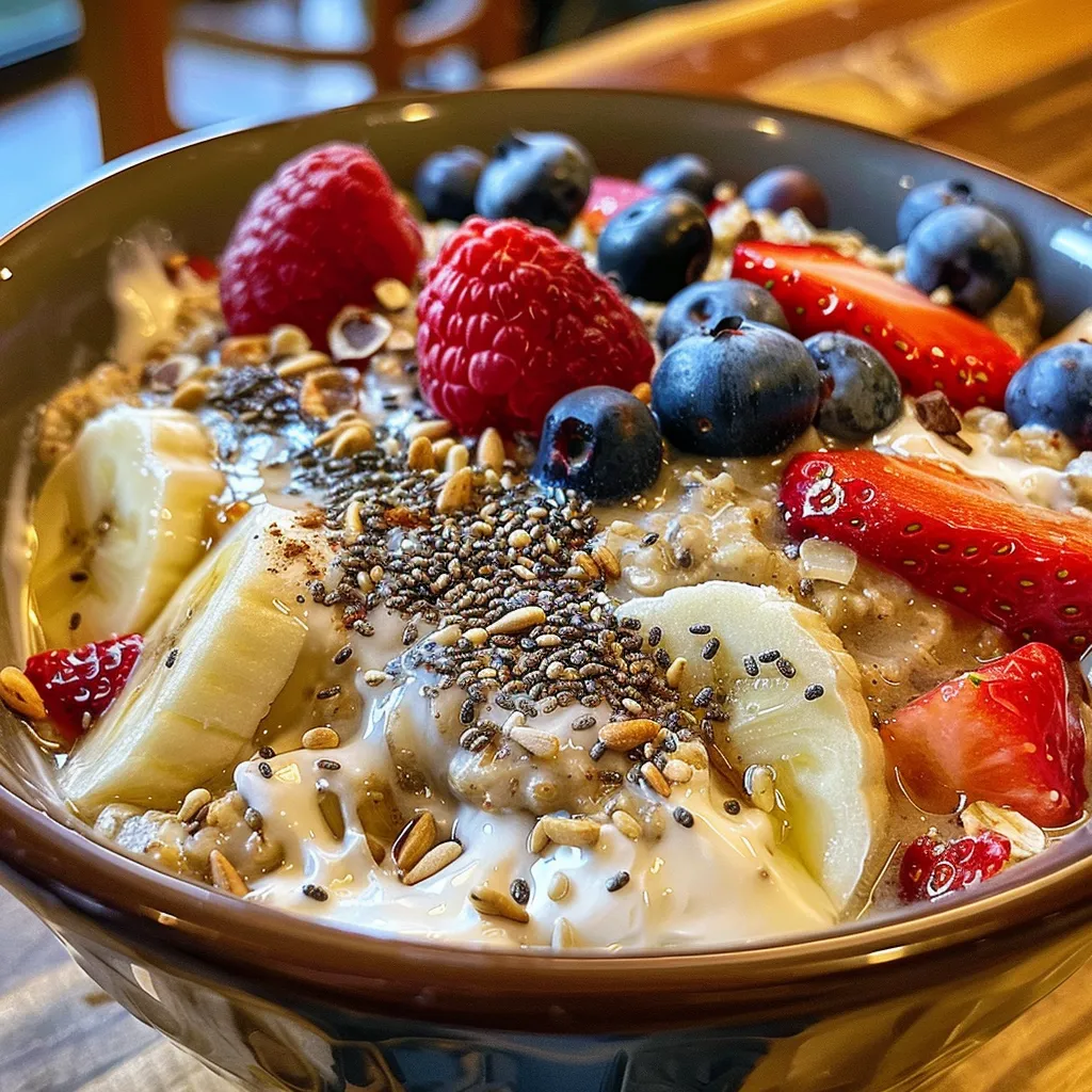 Side view image of layered Protein Overnight Oats featuring berries and nuts.