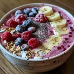 Close-up of a creamy vanilla berry smoothie bowl topped with fresh fruit and granola.