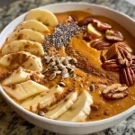 Close-up view of a vibrant Pumpkin Apple Cinnamon Smoothie Bowl, topped with apple slices, pecans, and pumpkin seeds.