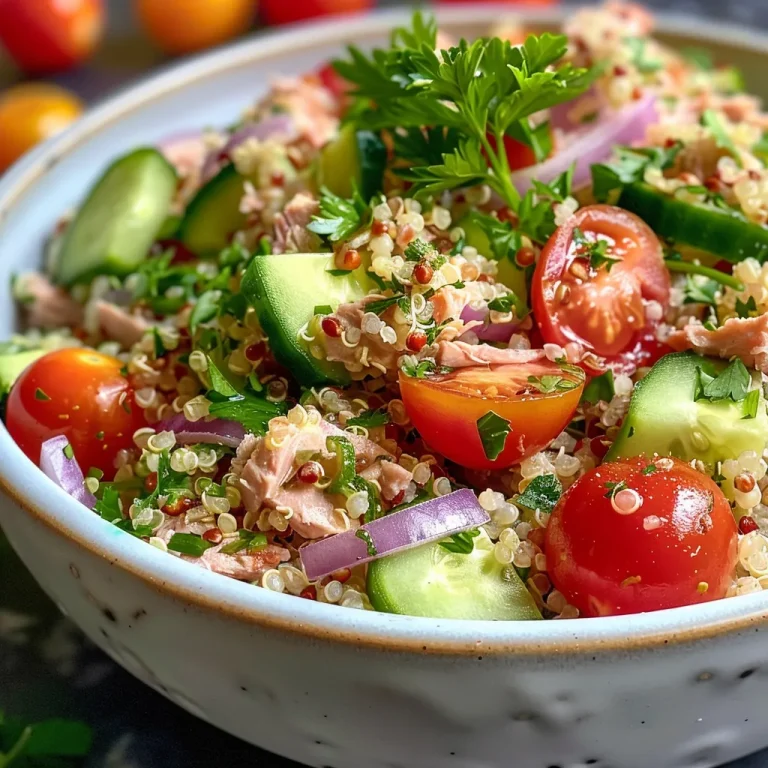 Close-up view of a delicious quinoa tuna salad with vibrant ingredients.