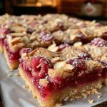 Close-up view of Raspberry Almond Shortbread Bars with a golden crust and red raspberry filling.