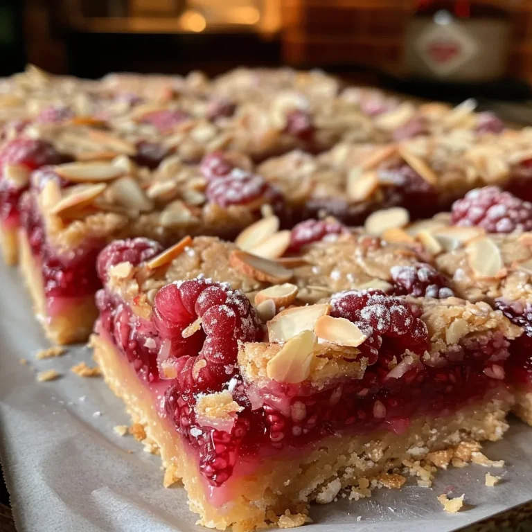Close-up view of Raspberry Almond Shortbread Bars with a golden crust and red raspberry filling.
