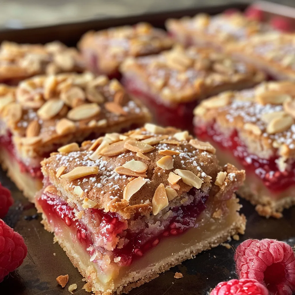 Side view of freshly baked Raspberry Almond Shortbread Bars garnished with sliced almonds.