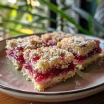 Side view of a Raspberry Coconut Slice featuring layers of raspberry jam and desiccated coconut.