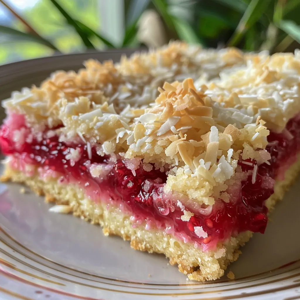 Close up of a colorful Raspberry Coconut Slice showcasing its rich berry filling and coconut topping.