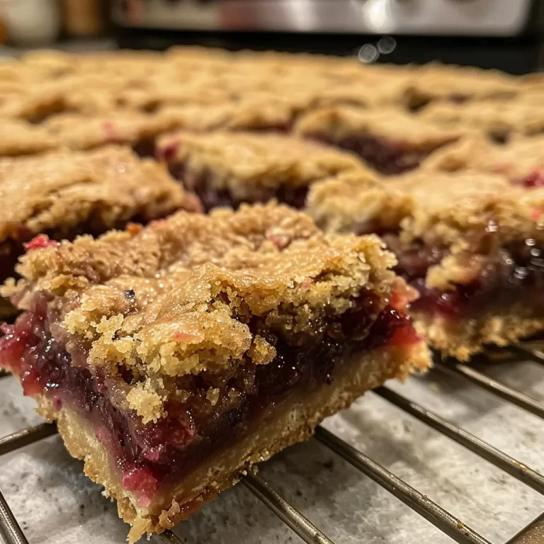 Close-up view of raspberry jam bars with a golden crust and rich raspberry filling.