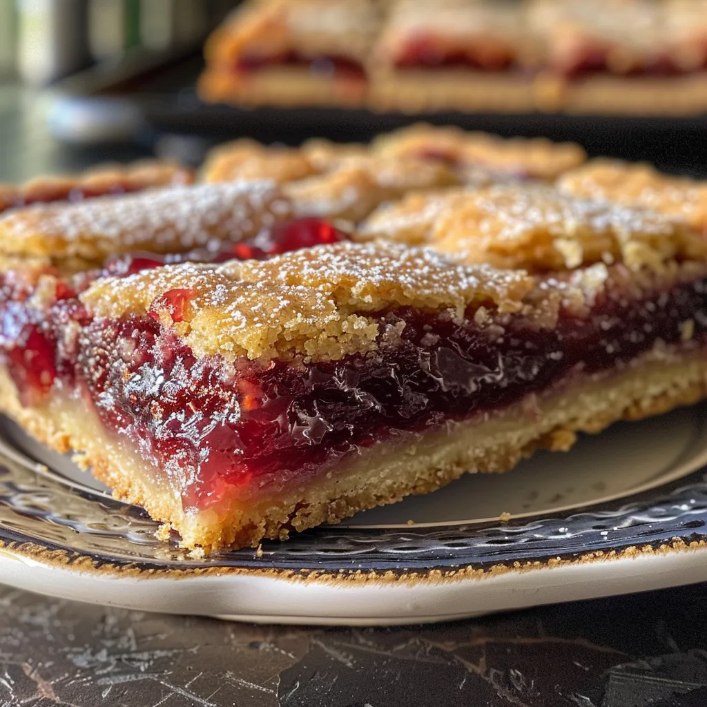 Side view of freshly baked raspberry jam bars showing layers of crust and jam.