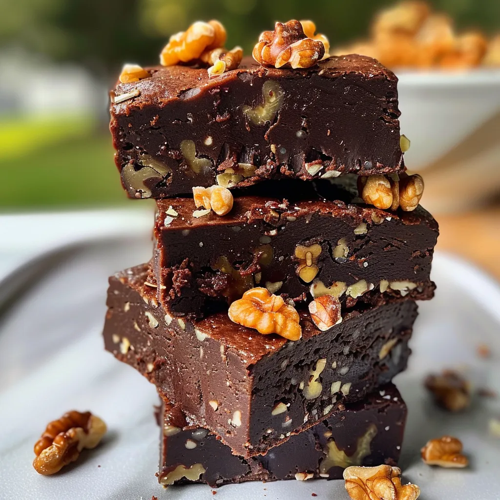Side view of decadent raw chocolate brownies showing a fudgy texture.