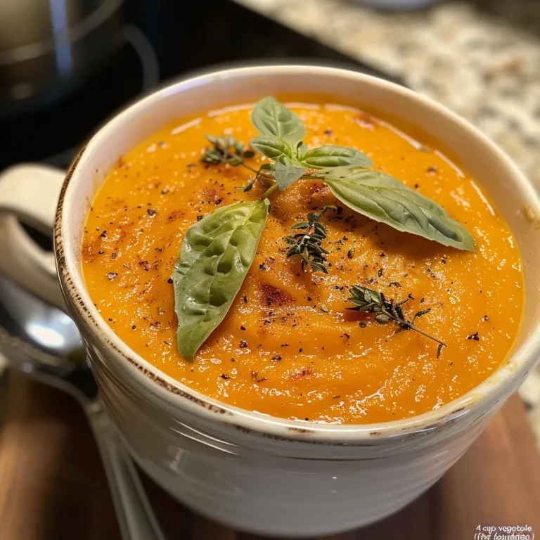 Close-up view of a creamy roasted sweet potato soup garnished with herbs.