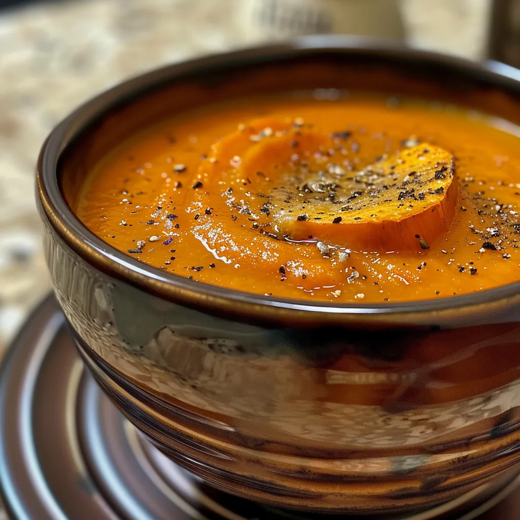 Side view of a bowl of roasted Italian sweet potato soup with a smooth texture.