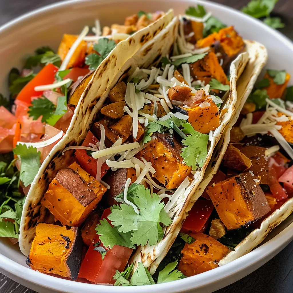 Side view of a delicious taco bowl featuring roasted sweet potatoes and cheese.