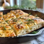 Close-up view of a rustic garlic rosemary skillet bread with a golden crust and herbs on top.