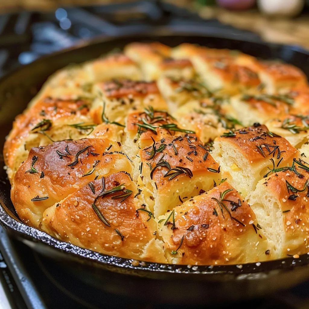 Side view of a freshly baked skillet bread, showing a crispy crust and visible chunks of garlic and rosemary.