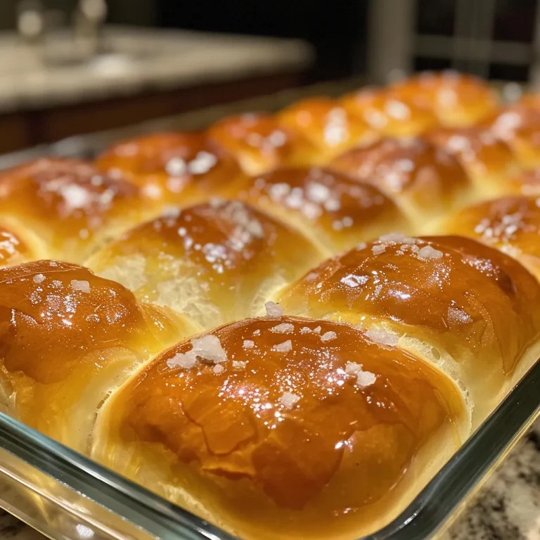 Close-up of golden-brown salted honey butter rolls with a buttery glaze.