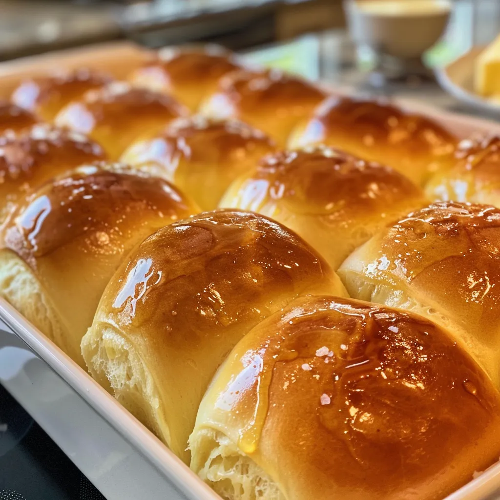 Side view of freshly baked, fluffy honey butter rolls sprinkled with sea salt.