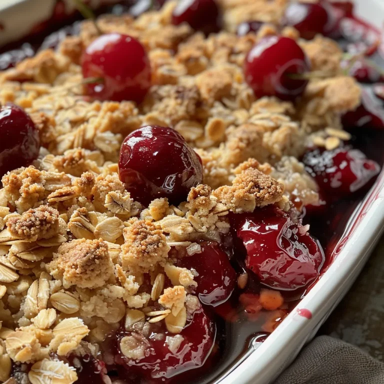 Close-up of a vegan cherry and almond butter crumble in a serving dish.