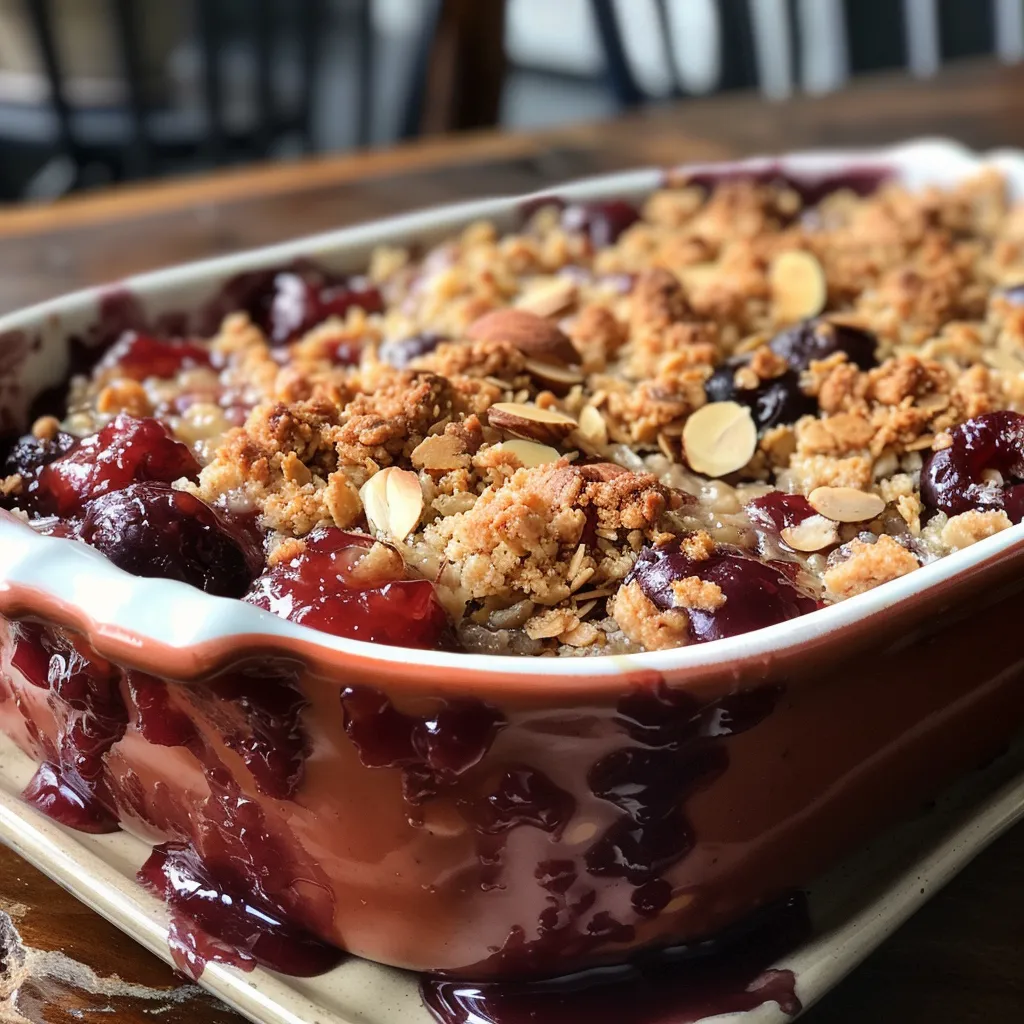 Side view of a saucy cherry crumble topped with almond butter and oats.