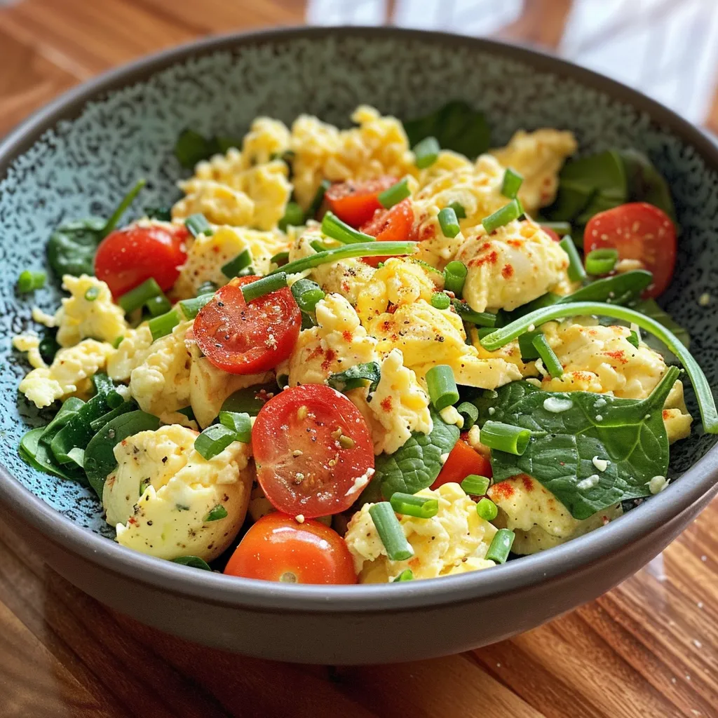 Close-up view of a colorful scrambled egg and veggie bowl filled with fresh ingredients.