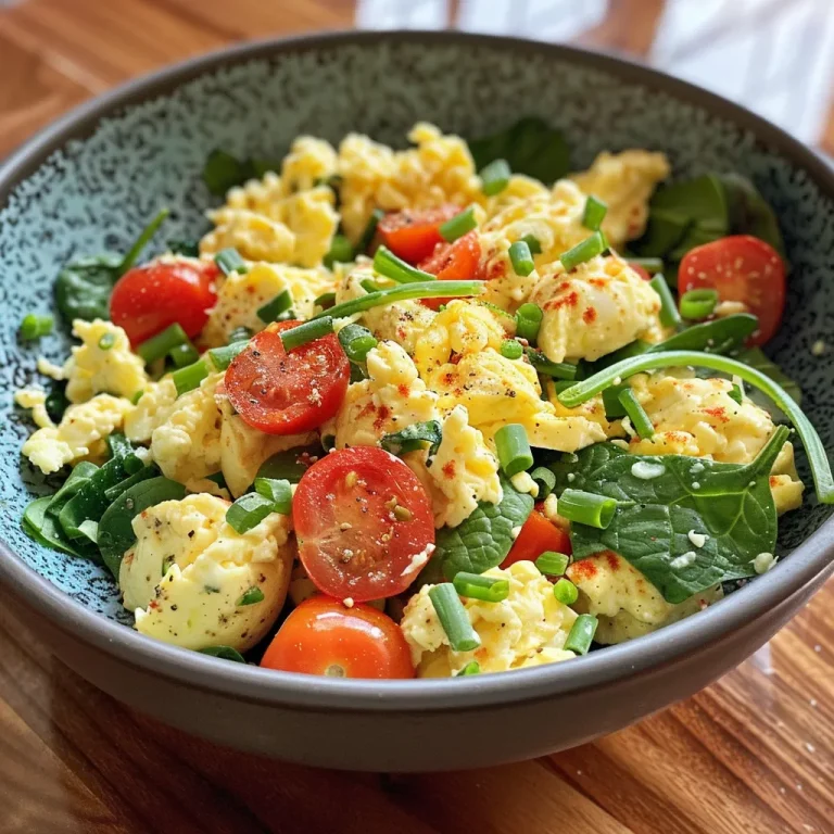 A vibrant bowl of scrambled eggs mixed with fresh vegetables, displayed from a side view.