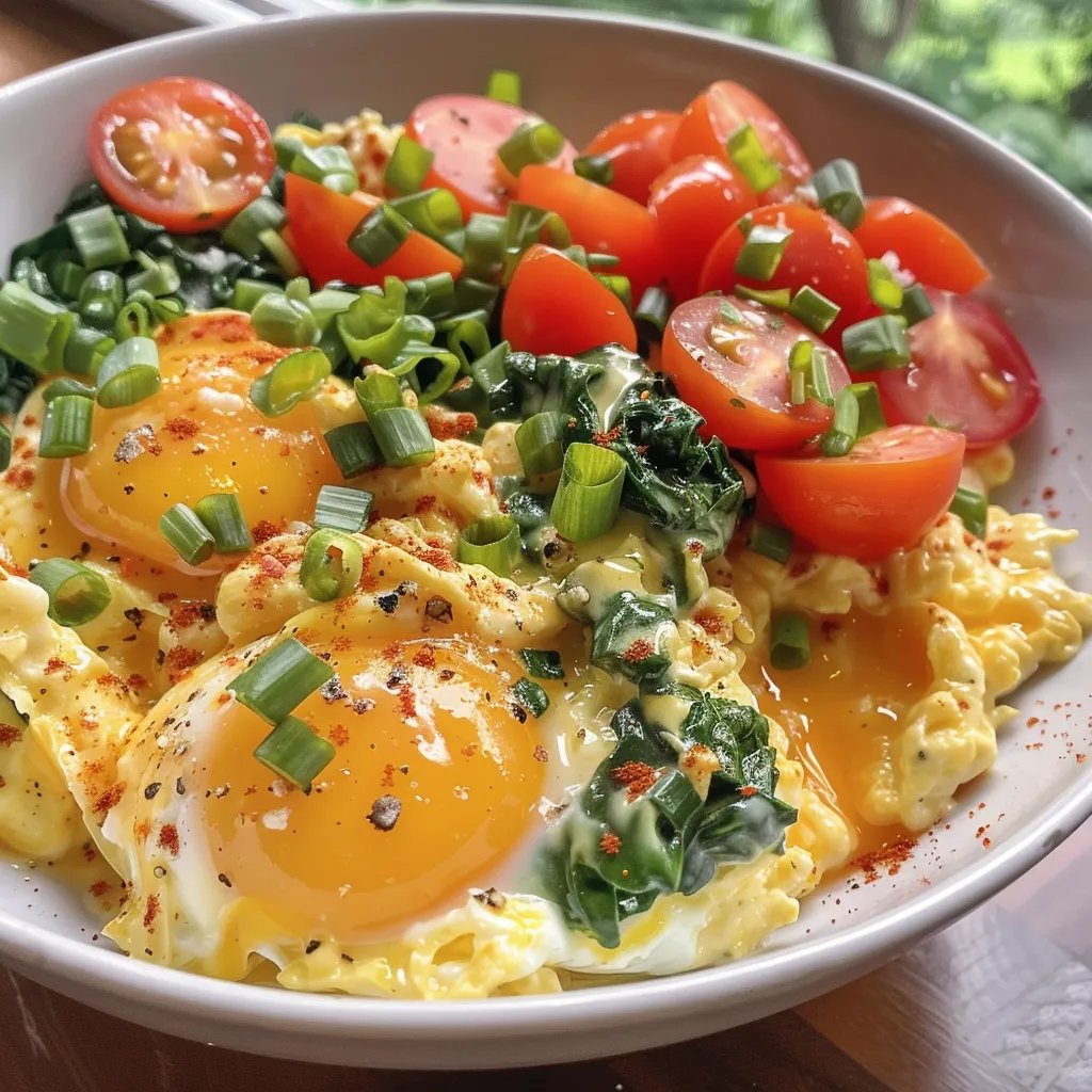 A vibrant bowl featuring fluffy scrambled eggs mixed with diced vegetables and cheese.