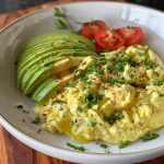 Close-up of creamy scrambled eggs topped with diced avocado.