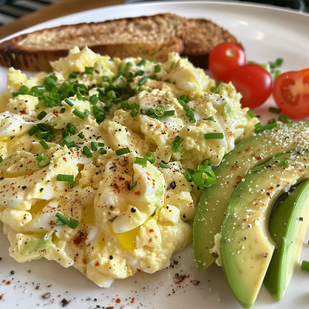 Side view of fluffy scrambled eggs with sliced avocado on a plate.