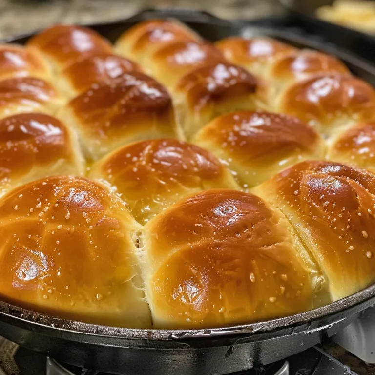 Close-up view of golden-brown skillet dinner rolls with a glossy top.