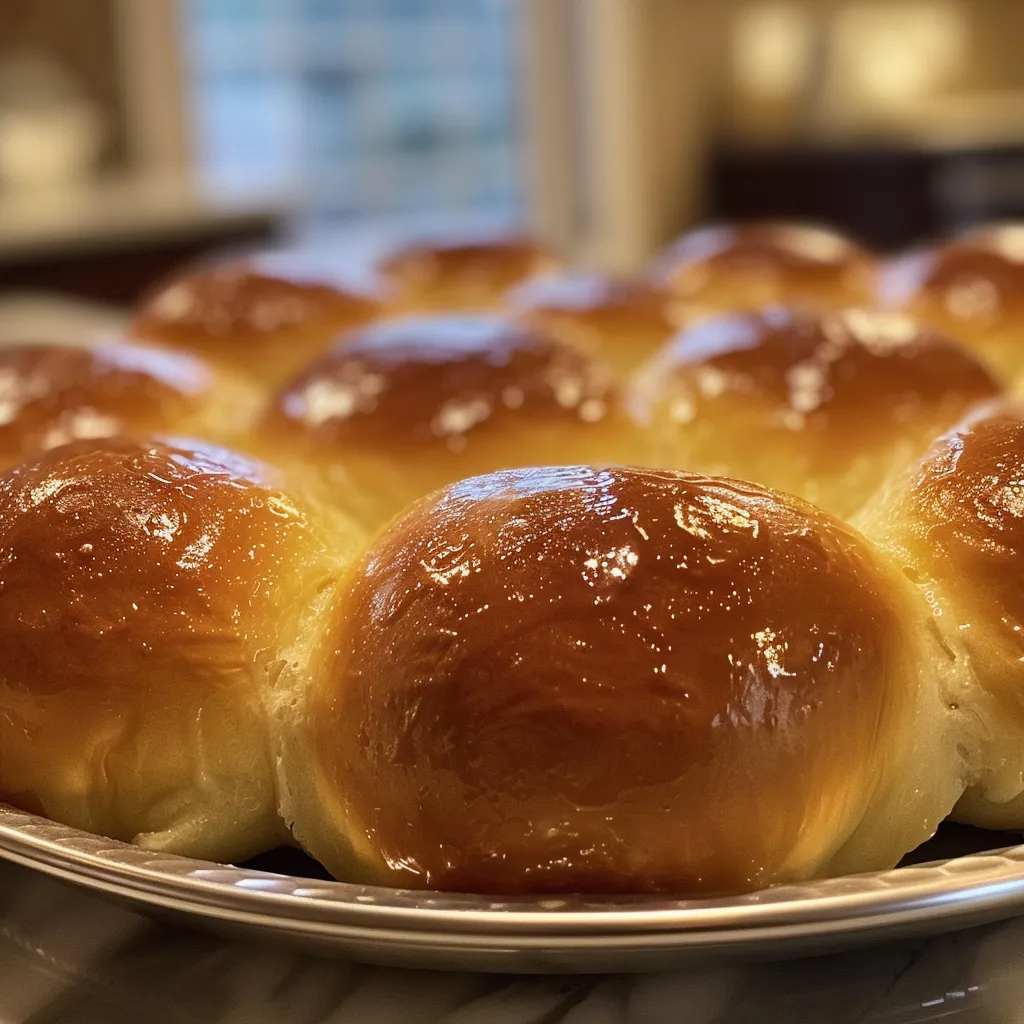 Side view of fluffy, warm dinner rolls arranged in a cast-iron skillet.