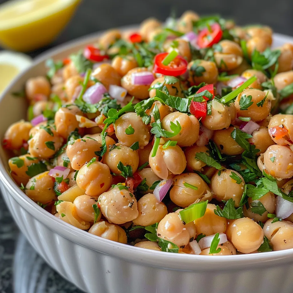 Side view of a colorful chickpea salad showcasing fresh ingredients and a creamy texture.