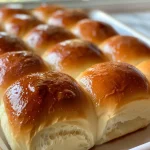 Close-up view of golden-brown dinner rolls, soft and buttery, on a white plate.