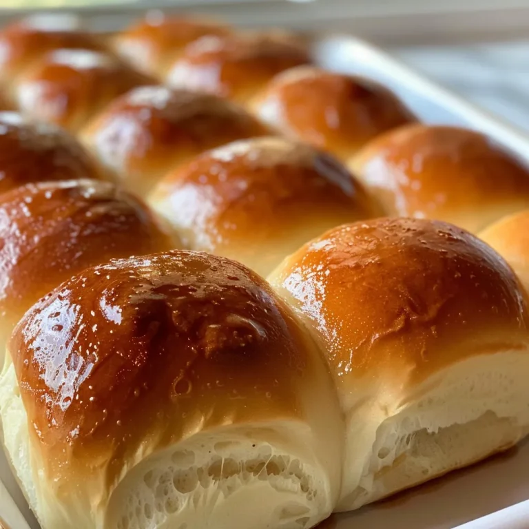 Close-up view of golden-brown dinner rolls, soft and buttery, on a white plate.